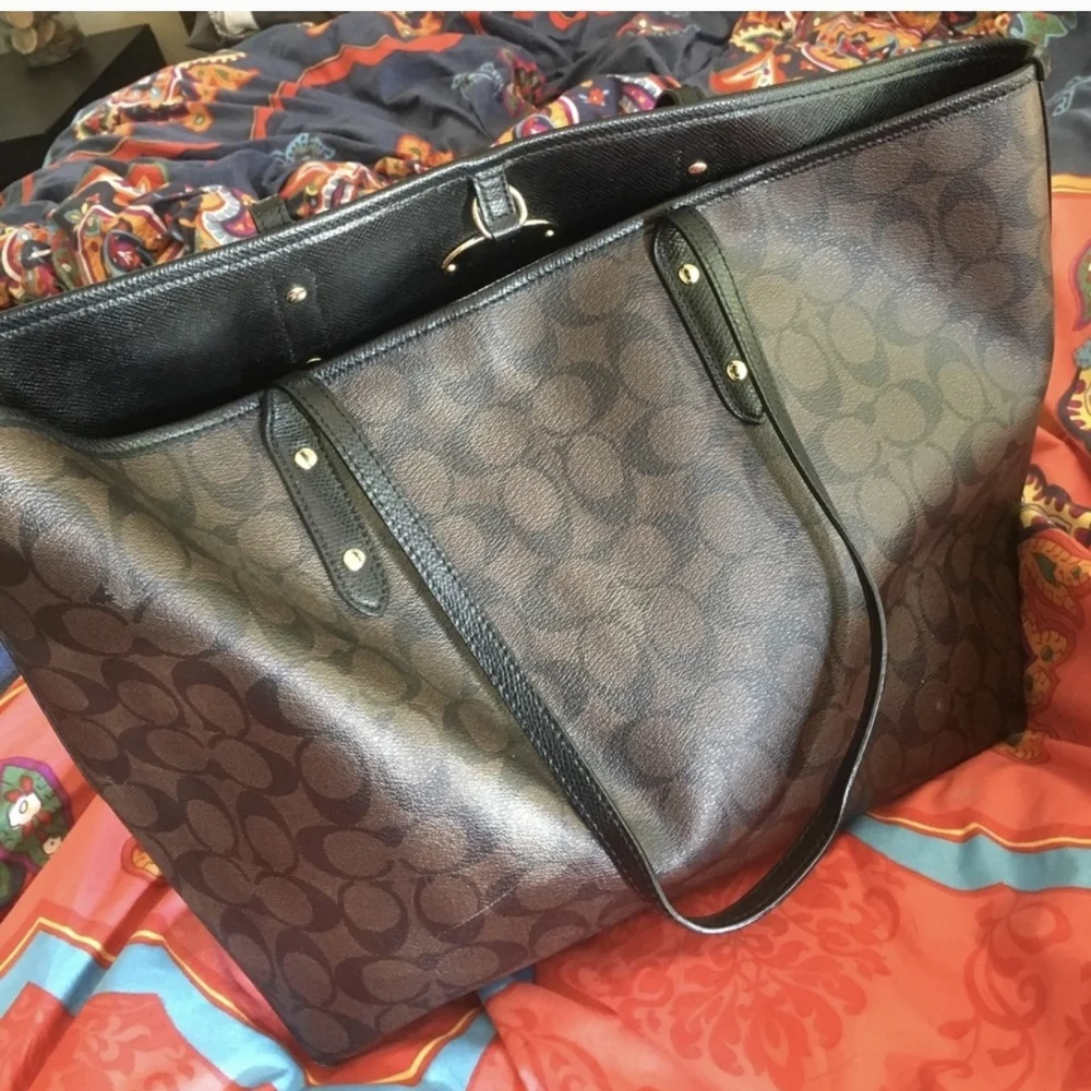 Coach Brown Monogram Tote with Leather Accents - Picture 2 of 5